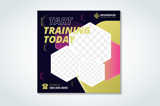start training today, Fitness gym social media post banner template with blue, gold, and pink. Workout and Sports. hexagon shape for space of photo collage.