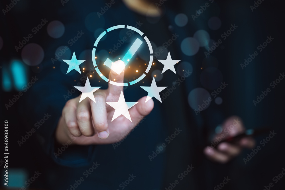 Poster customer review good rating concept hand pressing check mark with five star on visual screen for pos