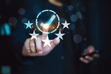 Customer review good rating concept hand pressing check mark with five star on visual screen for positive customer feedback, testimonial and testimony, Best of quality.