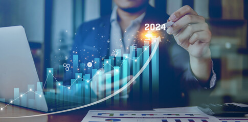 2024 Year, Growing chart of the year, Business growing graph in year 2024, and business analyzing company financial balance, Summary data and long term investment growth target. - Powered by Adobe