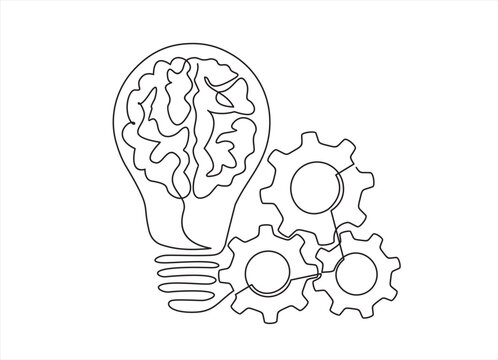 Single continuous line drawing of light bulb with human brain inside and gears. Creative brain Idea concept with light bulb, gears and brain