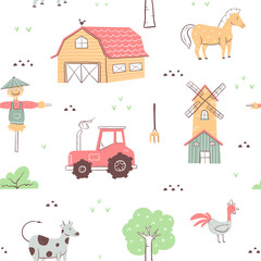 childish farm seamless pattern for fashion clothes, fabric, t shirts. hand drawn vector illustration.   © kuliation