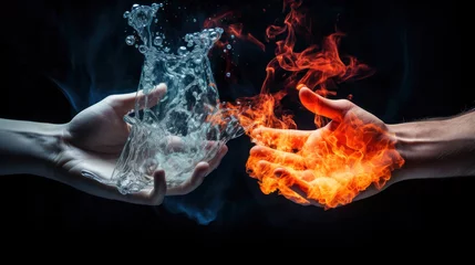 Foto op Aluminium A captivating fire and ice hand concept, representing duality and contrast. © STOCK-AI