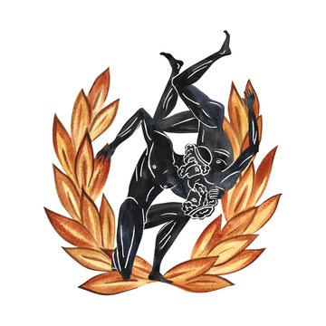 recommend clip art: Composition with ancient Greek athletes wrestlers on the background of a laurel crown. In the style of ancient Greek art painting. Hand-drawn watercolor illustration. For printing, postcards, prints.