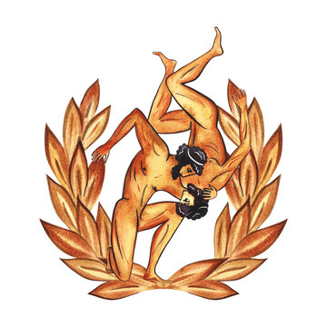 recommend clip art: Composition with ancient Greek athletes wrestlers on the background of a laurel crown. In the style of ancient Greek art painting. Hand-drawn watercolor illustration. For printing, postcards, prints.