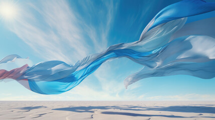 Fluttering colorful fabric in the breeze, a vivid dance of hues.