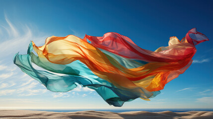 Fluttering colorful fabric in the breeze, a vivid dance of hues.