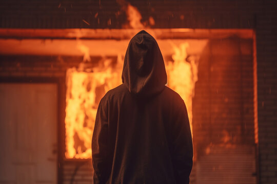 Silhouette of man standing in front of burning building
