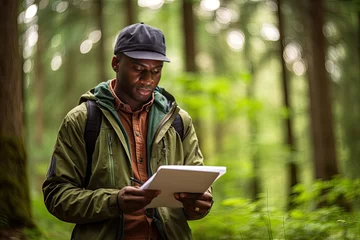 Foto op Aluminium An African American male forester walks around his territory and checks the safety of the trees. He holds a clipboard in his hands and writes down all the changes. Caring for and preserving forests. © Stavros