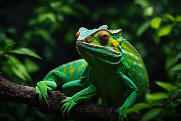 Fototapeta premium A green colored chameleon in nature dark background. ai generative