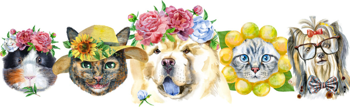 Border from watercolor portraits of dogs, guinea pig, and cats