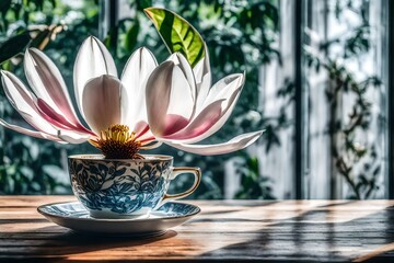 Magnolia flower nicely arranged in a cup on a wooden table