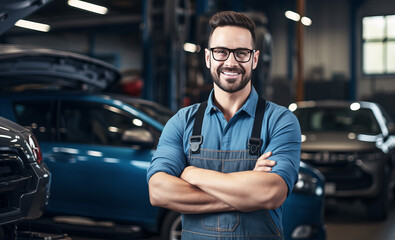 Fototapeta na wymiar Handsome auto mechanic in safety glasses stands in a car repair shop with his arms crossed and smiles at the camera. Professional auto workshop. Generative AI.