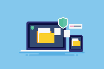 File document transfer between laptop and mobile device, data exchange, secure data information transfer, connection network vector illustration web banner.