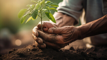 Caring hand tending to a plant in nurturing soil, growth symbolized.