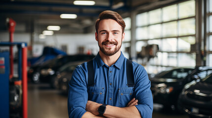 Handsome auto mechanic in safety glasses stands in a car repair shop with his arms crossed and smiles at the camera. Professional auto workshop. Generative AI.