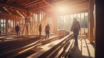 Foto op Plexiglas Workers inside construction site of family wooden frame house © leszekglasner
