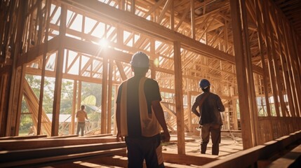 Workers inside construction site of family wooden frame house