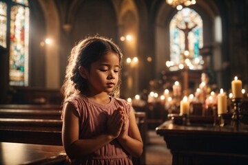 cute small girl praying in the church. ai generative - obrazy, fototapety, plakaty