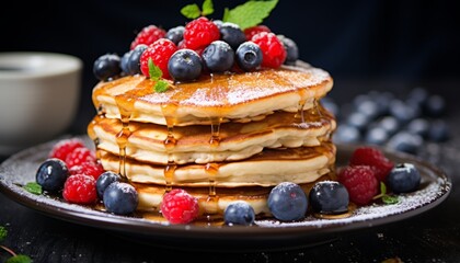 Pancakes and pancakes are porous with honey and sprinkled with raspberries and blueberries. Generative AI - obrazy, fototapety, plakaty