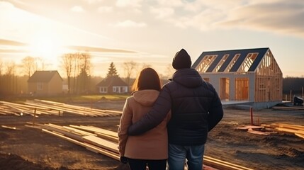 Smiling couple in wooden frame house under construction looking at their future home - obrazy, fototapety, plakaty