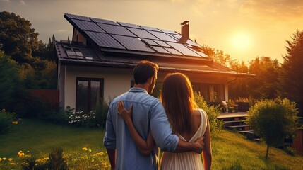 Young couple standing in front of their eco friendly house with solar panels - obrazy, fototapety, plakaty