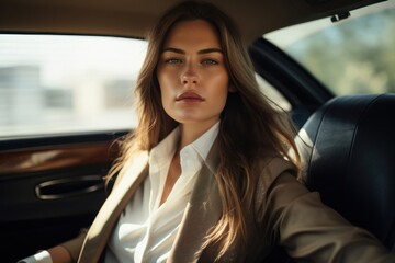 Fototapeta na wymiar Caucasian Female Good Looking In Luxury Car Background Generative AI