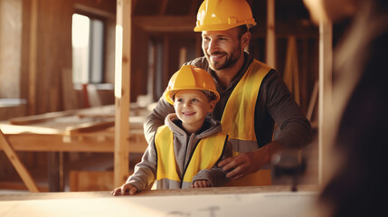 Father architect with his child son visiting construction site together - obrazy, fototapety, plakaty
