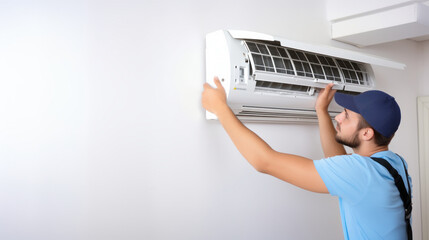 An expert HVAC worker is installing or repairing an air conditioner in a house, a quick and effective solution to cool the environment.copy space - obrazy, fototapety, plakaty