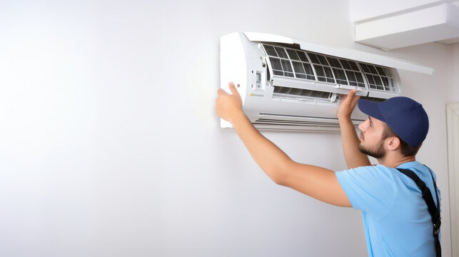 An expert HVAC worker is installing or repairing an air conditioner in a house, a quick and effective solution to cool the environment.copy space