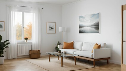 Obraz na płótnie Canvas A living room with a modern sense.(home) A view with a sofa and a frame, with an autumn atmosphere, and a neat picture of the interior of the apartment. Generative AI