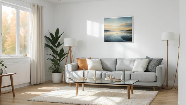 A living room with a modern sense.(home) A view with a sofa and a frame, with an autumn atmosphere, and a neat picture of the interior of the apartment. Generative AI
