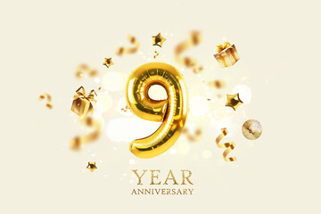 Gold festive balloons 9 year anniversary with golden confetti, presents, mirror ball and stars fly...