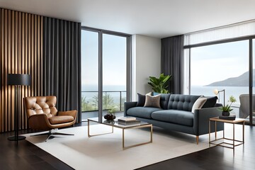 Naklejka na ściany i meble Rustic live edge table and chairs near the beige sofa. Scandinavian interior design of modern living room 