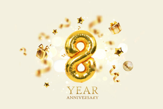 Gold festive balloons 8 year anniversary with golden confetti, presents, mirror ball and stars fly on a beige background with bokeh lights and sparks. Birthday luxury eight card, a creative idea