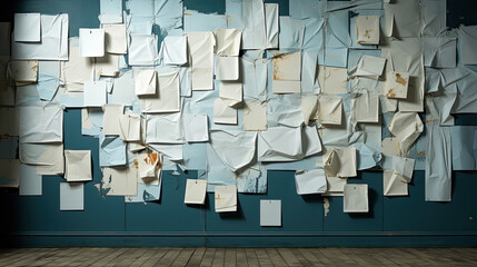 The hand crumples a square piece of paper for notes on the background wall sticker with colorful post it notes