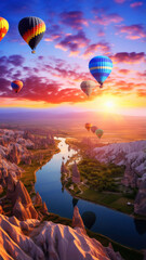 Adventure awaits, travel balloons soaring over breathtaking scenic landscapes.