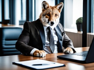 generative AI wolf in the office Suited and Seated talking about business