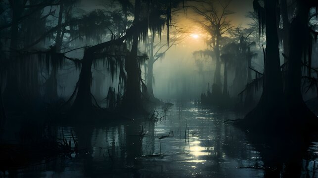haunted swamp in the dark