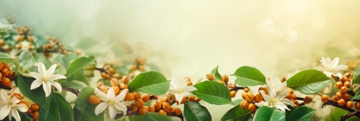 Coffee Tree Blossom and Beans. Agricultural Background of Arabica Aroma and Beverage Banner - obrazy, fototapety, plakaty