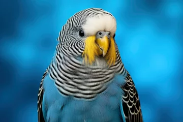 Stoff pro Meter one blue budgerigar on a branch on blue background © Inna
