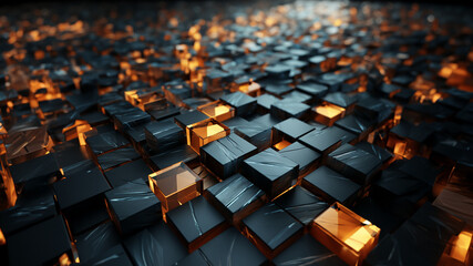 Viele schwarze und goldene Würfel 3D als Hintergundmotiv im Querformat für Banner, ai generativ