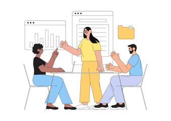 Team communication, meeting and project management concept. Successful cooperation, project discussion, interaction of employees at work. Workflow and job organization in modern company.