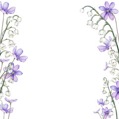 Frame watercolor spring flowers. Coppice, hepatica - first spring flowers. Spring lily of the valley Illustration of delicate lilac flowers. Hand drawn  with white and violet flowers