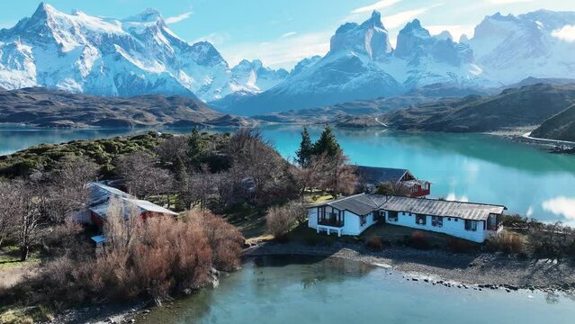 Country House At Torres Del Paine Puerto Natales Chile. Forest Landscape Torres Del Paine Puerto Natales. Sun Tourism Ranch Mountains. Sun Glacier Ranch Lakeshore Outdoor.