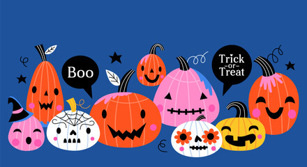 Halloween holiday banner design with cute jack o lantern pumpkins. Template print for cards and party invitations. Vector illustration