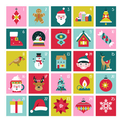 Christmas cute advent calendar with minimal icons set. Template print for greeting cards and stickers. Vector illustration