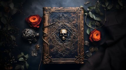 a witch spellbook on a dark background - obrazy, fototapety, plakaty