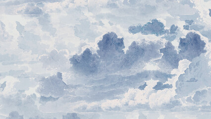 A dreamy watercolor background of fluffy, billowing clouds in a pale blue sky