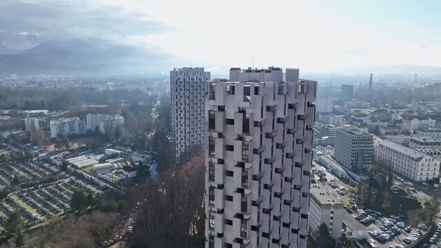Giant building in Grenoble residential sunny day aerial shot